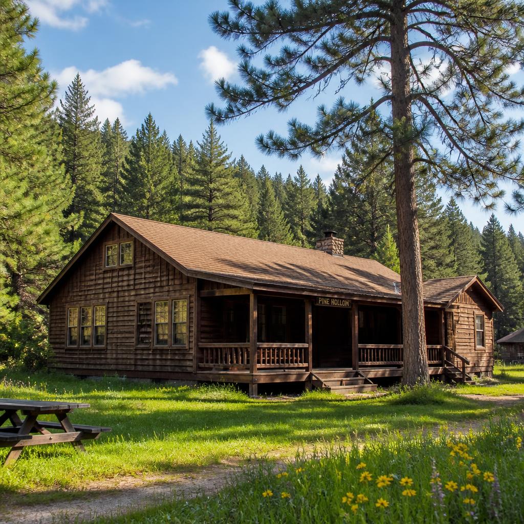 Exterior of a camp cabin nestled in the forest
